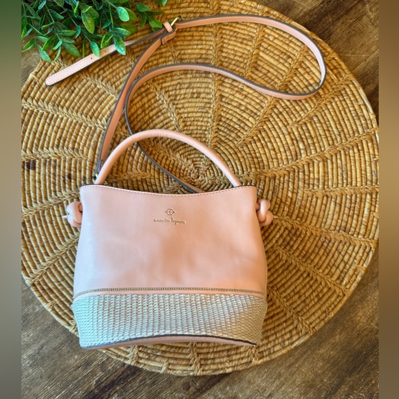 New Nanette Lepore Peach with Tan Weave Bucket Crossbody Bag - Picture 11 of 11